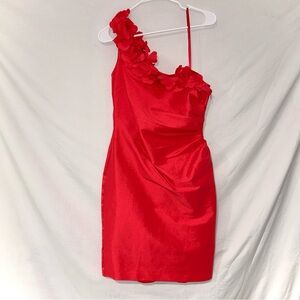 Jessica Howard Coral Red One Shoulder Floral Appliqué Formal Cocktail Dress